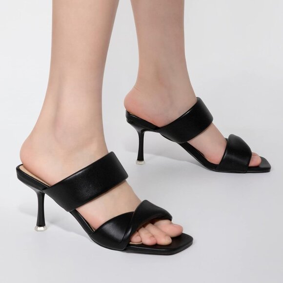 Zelaprox Women's Black Faux Leather Two Straps Square Open Toe Kitten Heel Shoes - Picture 3 of 6